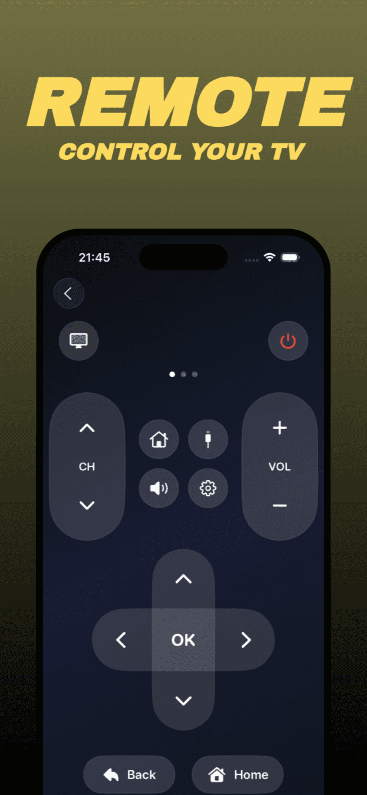 OLED Control remote screen with channel, volume, and directional controls