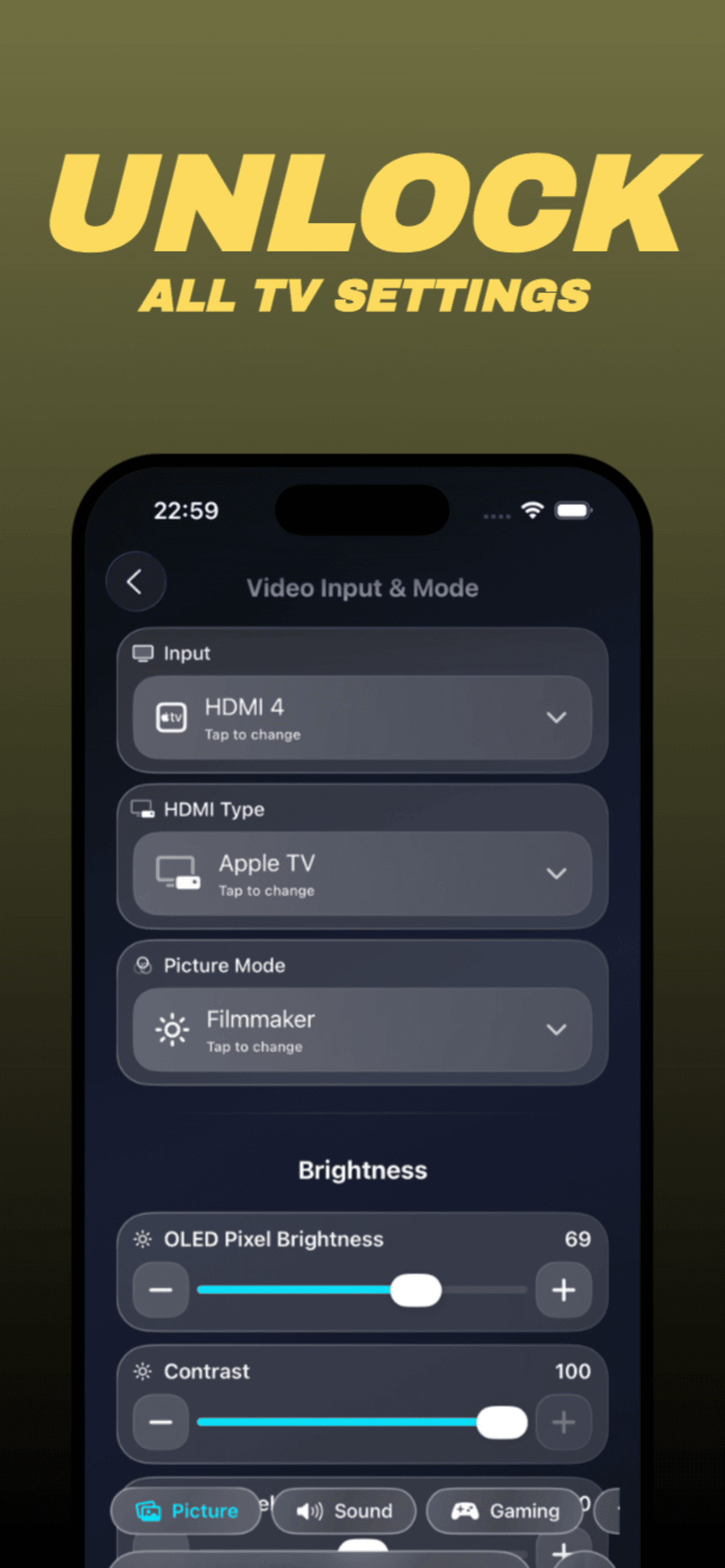 OLED Control settings screen for video input, picture mode, and brightness controls
