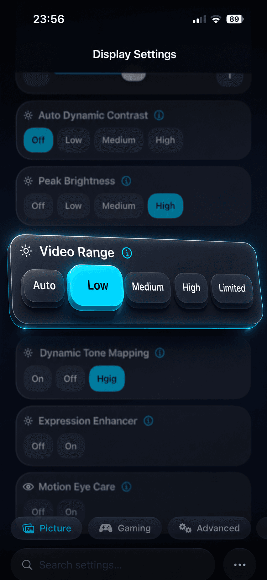 OLED Control display settings with Video Range forced to Low to fix black levels
