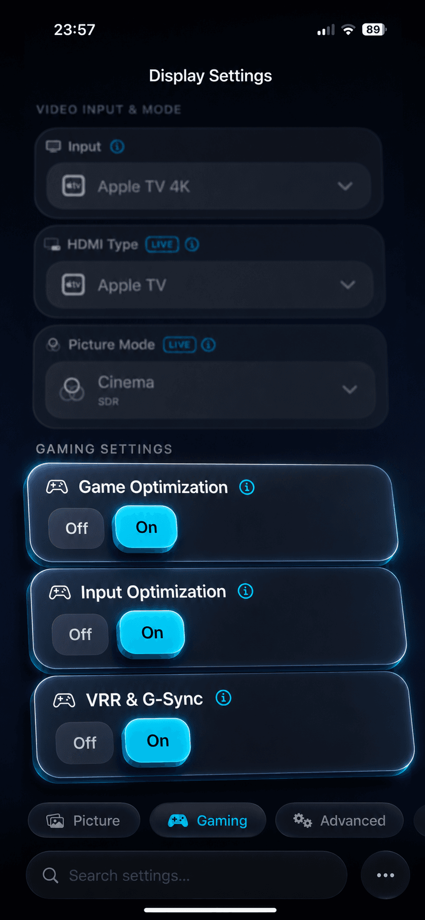 OLED Control gaming settings with Game Optimization, Input Optimization, and VRR & G-Sync enabled
