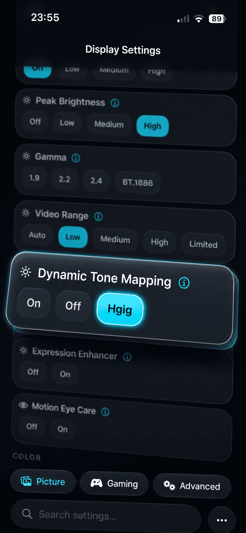 OLED Control display settings with Dynamic Tone Mapping set to HGIG