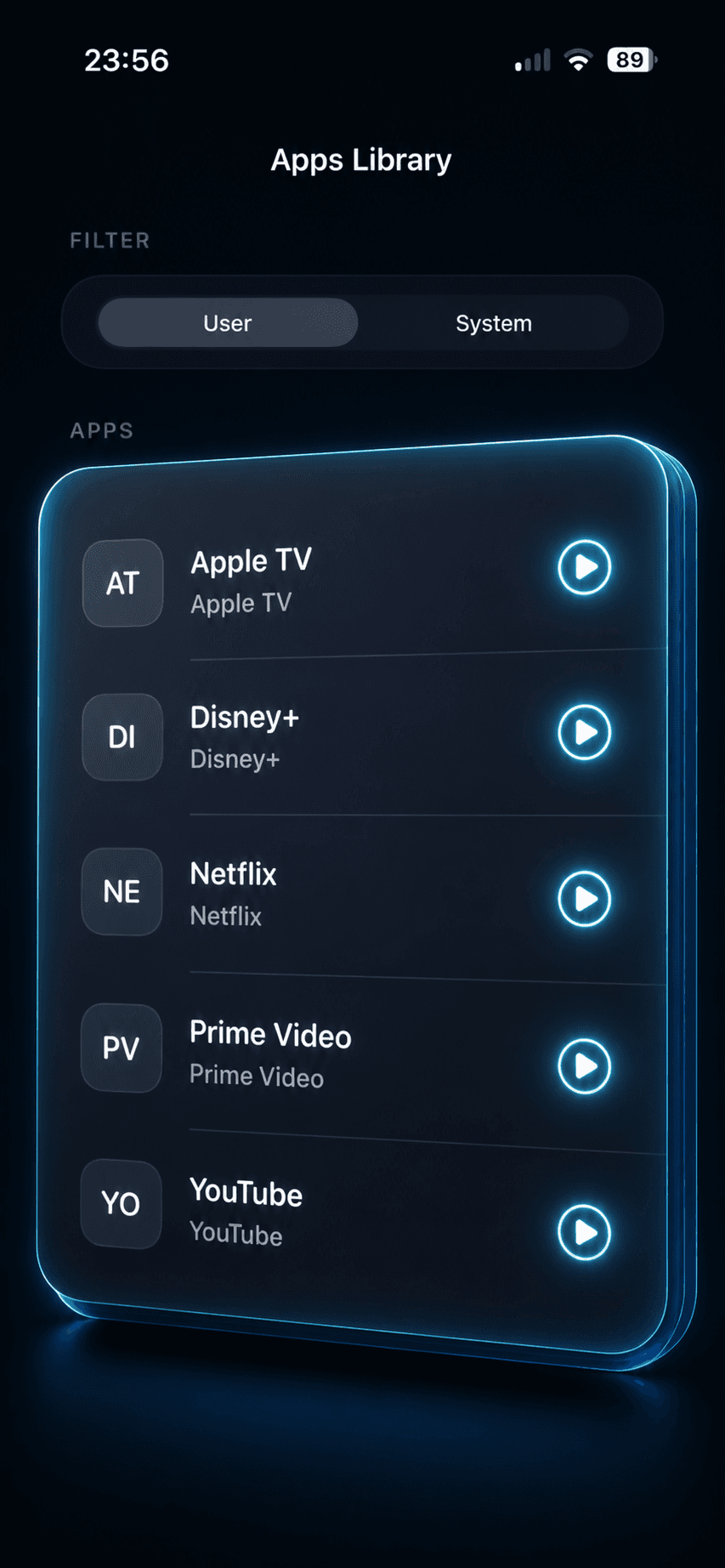 OLED Control apps library with one-tap launch for Apple TV, Disney+, Netflix, Prime Video, and YouTube