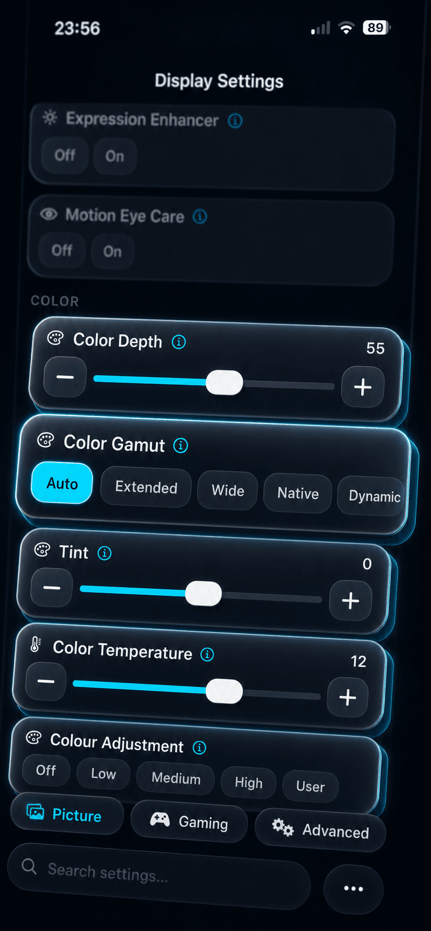 OLED Control color settings with Color Gamut override set to Auto plus tint and color temperature sliders