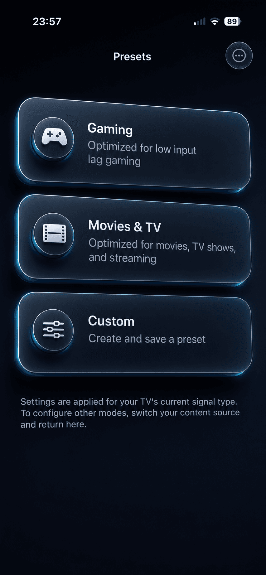 OLED Control presets screen with Gaming, Movies & TV, and custom preset options