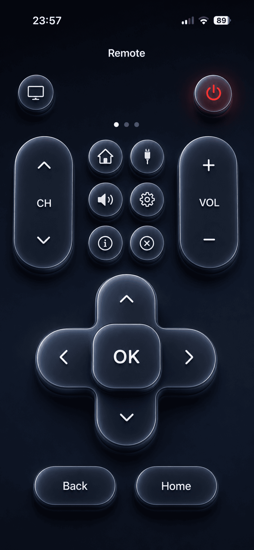 OLED Control remote with power, volume, channel, and directional pad controls