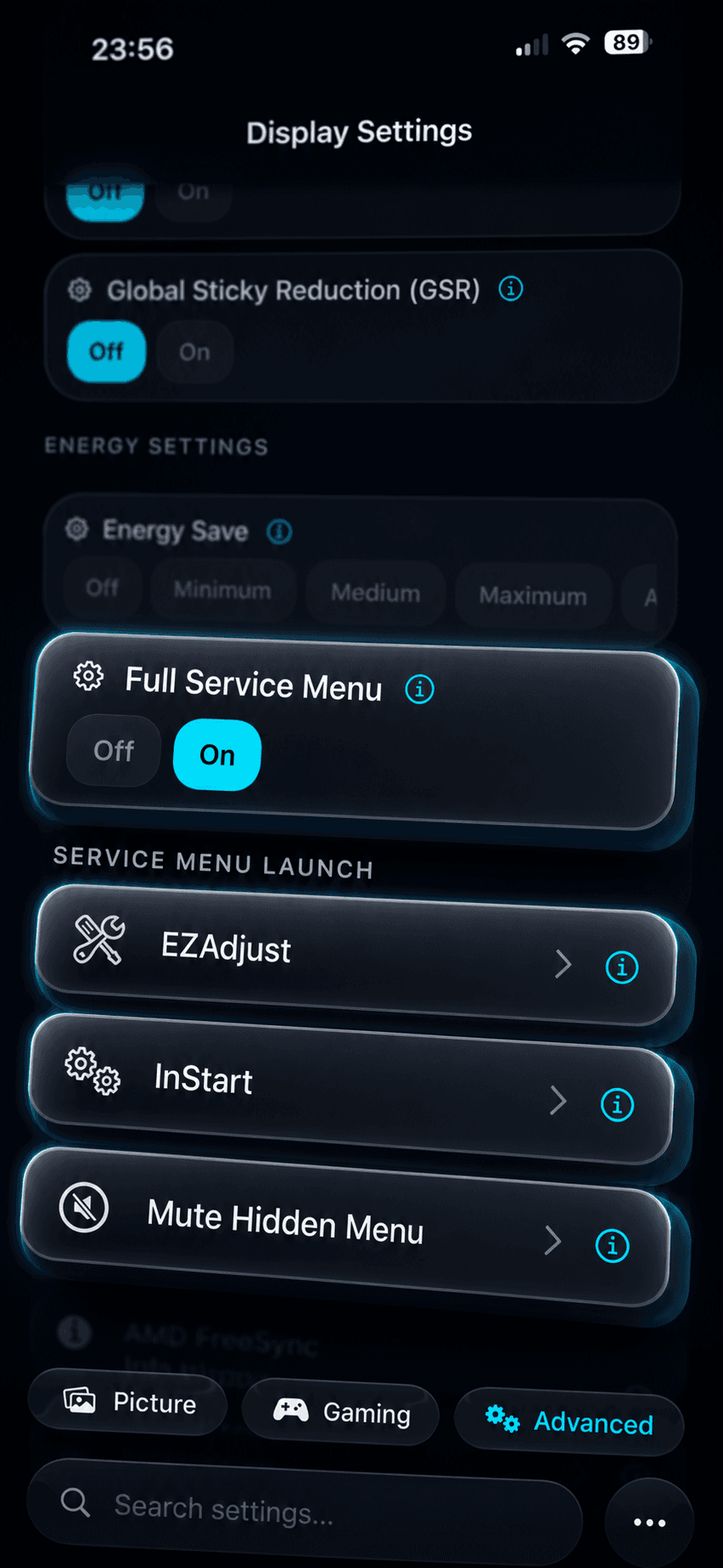 OLED Control service menu launch options for EZAdjust, InStart, and Mute Hidden Menu