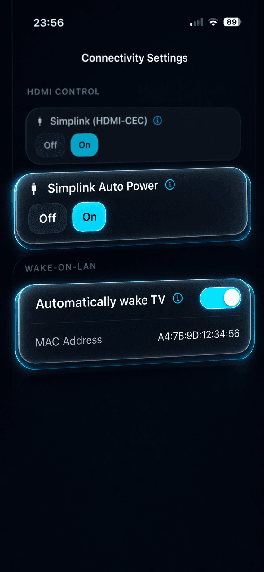 OLED Control connectivity settings with Simplink HDMI-CEC auto power and automatic wake-on-LAN enabled
