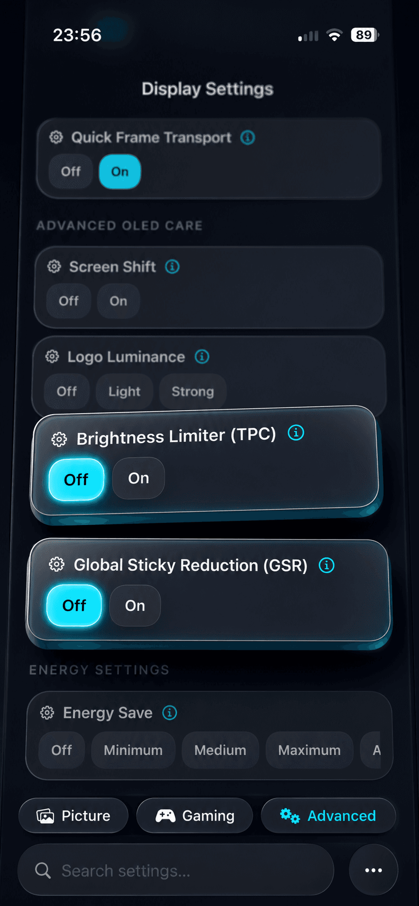 OLED Control advanced OLED care settings with Brightness Limiter (TPC) and Global Sticky Reduction (GSR) turned off